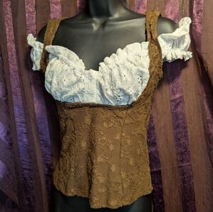 Brown White Ruffled Milkmaid Underbust Steampunk Corset Top Cottagecore Festival